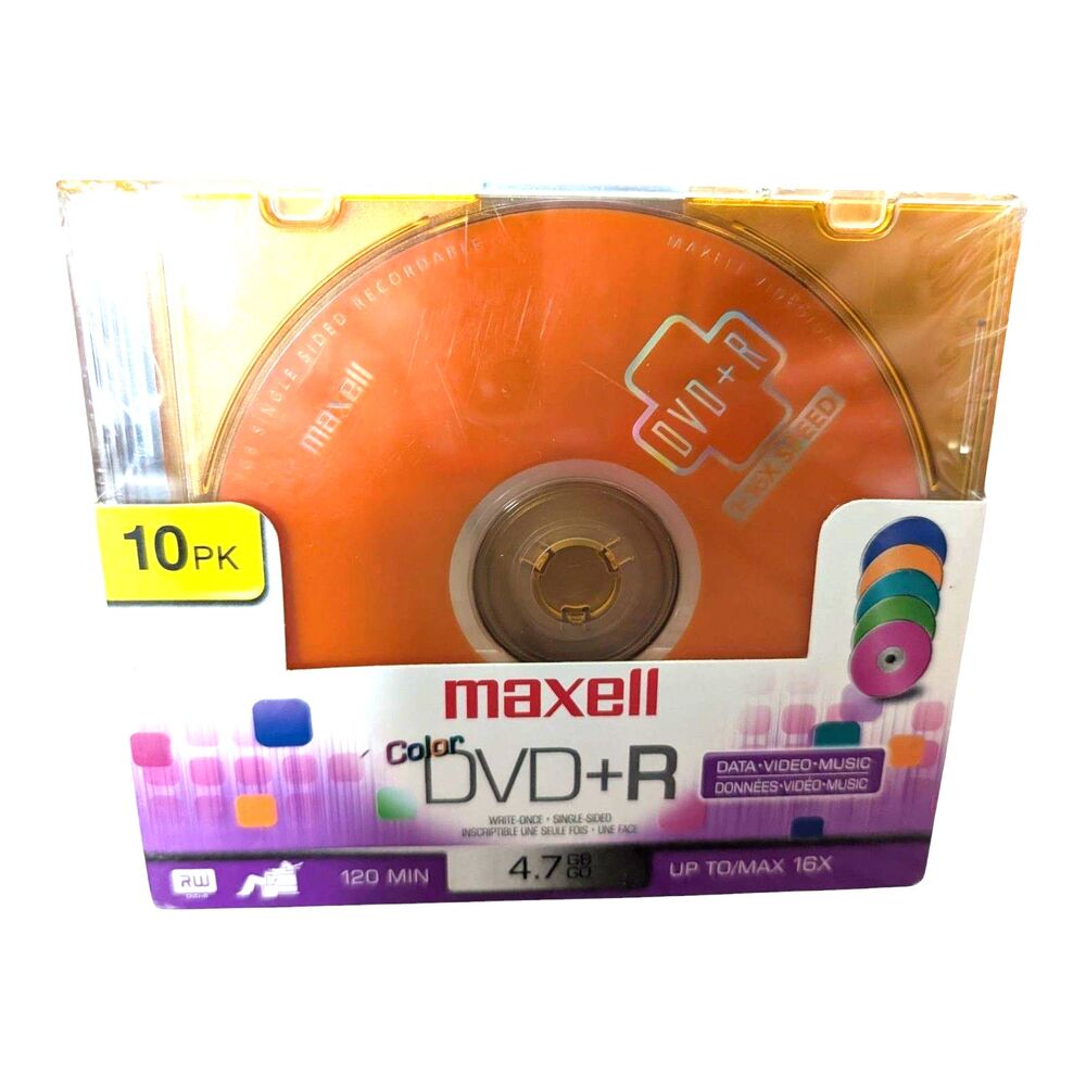Maxell Color DVD-R 10 Pack 4.7 Gb 120 Minutes Blank Media New Sealed 5 Colors